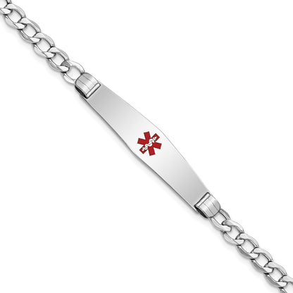 14K White Gold Medical Semi-Solid Chain/Solid Plate Soft Diamond Shape 36x9mm Centered Red Enamel Curb Link 8 inch ID Bracelet