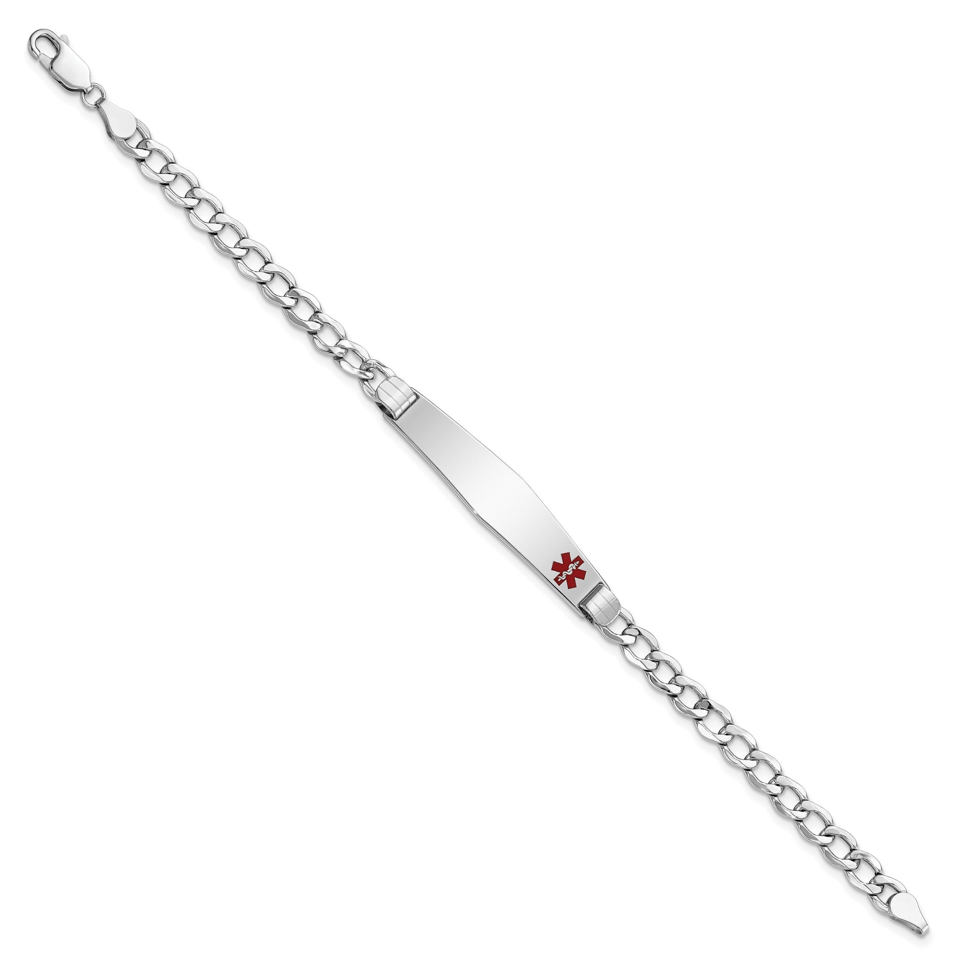 14K White Gold Medical Semi-Solid Chain/Solid Plate Soft Diamond Shape 37x9mm Off-Center Red Enamel Cuban Link 8 inch ID Bracelet
