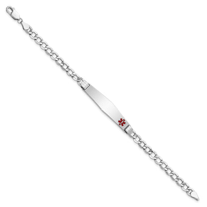 14K White Gold Medical Semi-Solid Chain/Solid Plate Soft Diamond Shape 37x9mm Off-Center Red Enamel Cuban Link 8 inch ID Bracelet