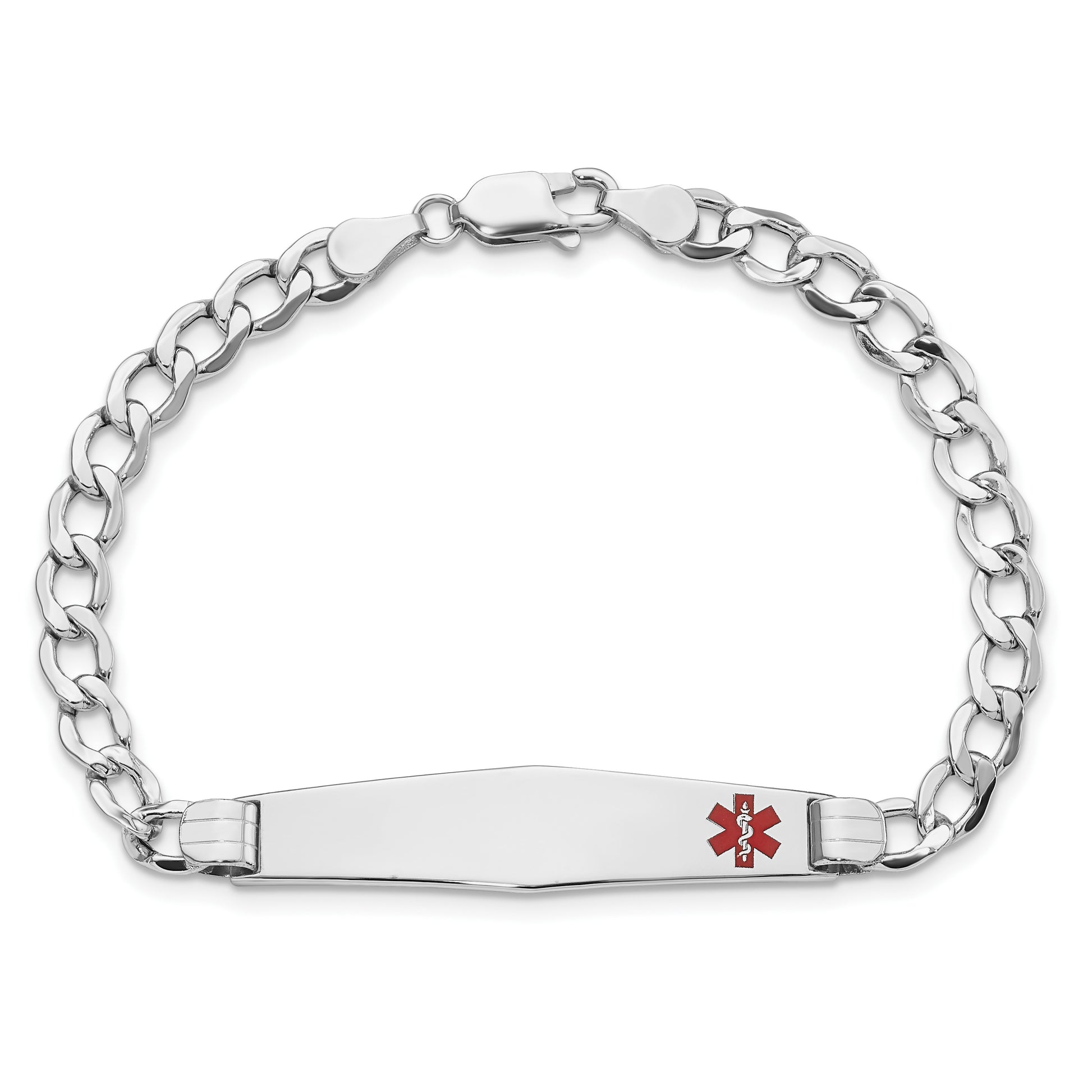 14K White Gold Medical Semi-Solid Chain/Solid Plate Soft Diamond Shape 37x9mm Off-Center Red Enamel Cuban Link 7 inch ID Bracelet