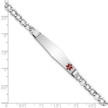 14K White Gold Medical Semi-Solid Chain/Solid Plate Soft Diamond Shape 37x9mm Off-Center Red Enamel Cuban Link 8 inch ID Bracelet