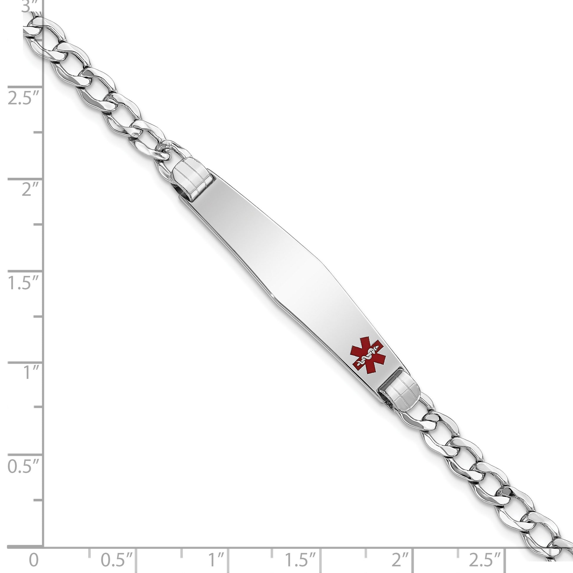 14K White Gold Medical Semi-Solid Chain/Solid Plate Soft Diamond Shape 37x9mm Off-Center Red Enamel Cuban Link 7 inch ID Bracelet