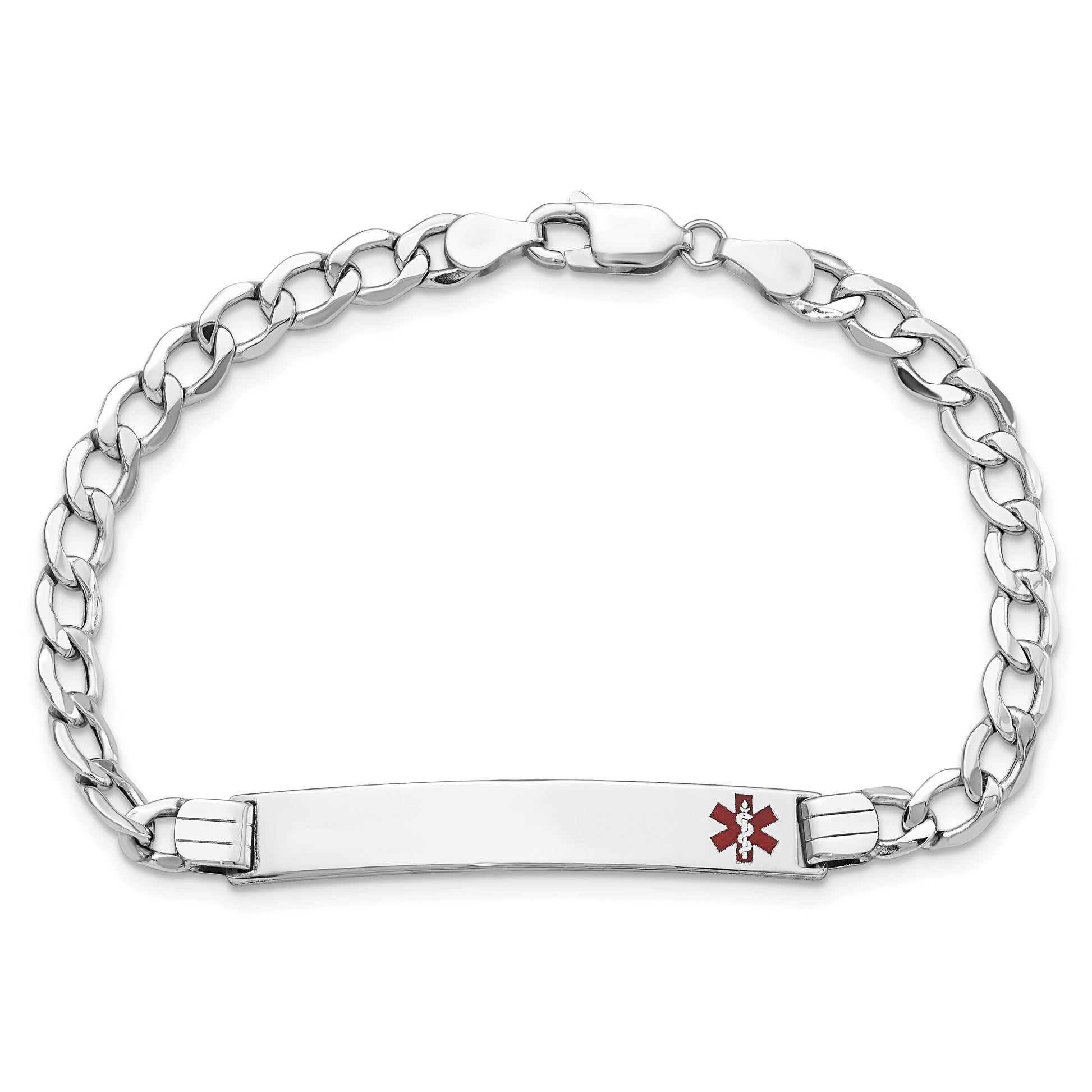 14K White Gold Medical Semi-solid Chain/Solid Plate 37x6mm Off-Center Red Enamel Curb Link 8 inch ID Bracelet