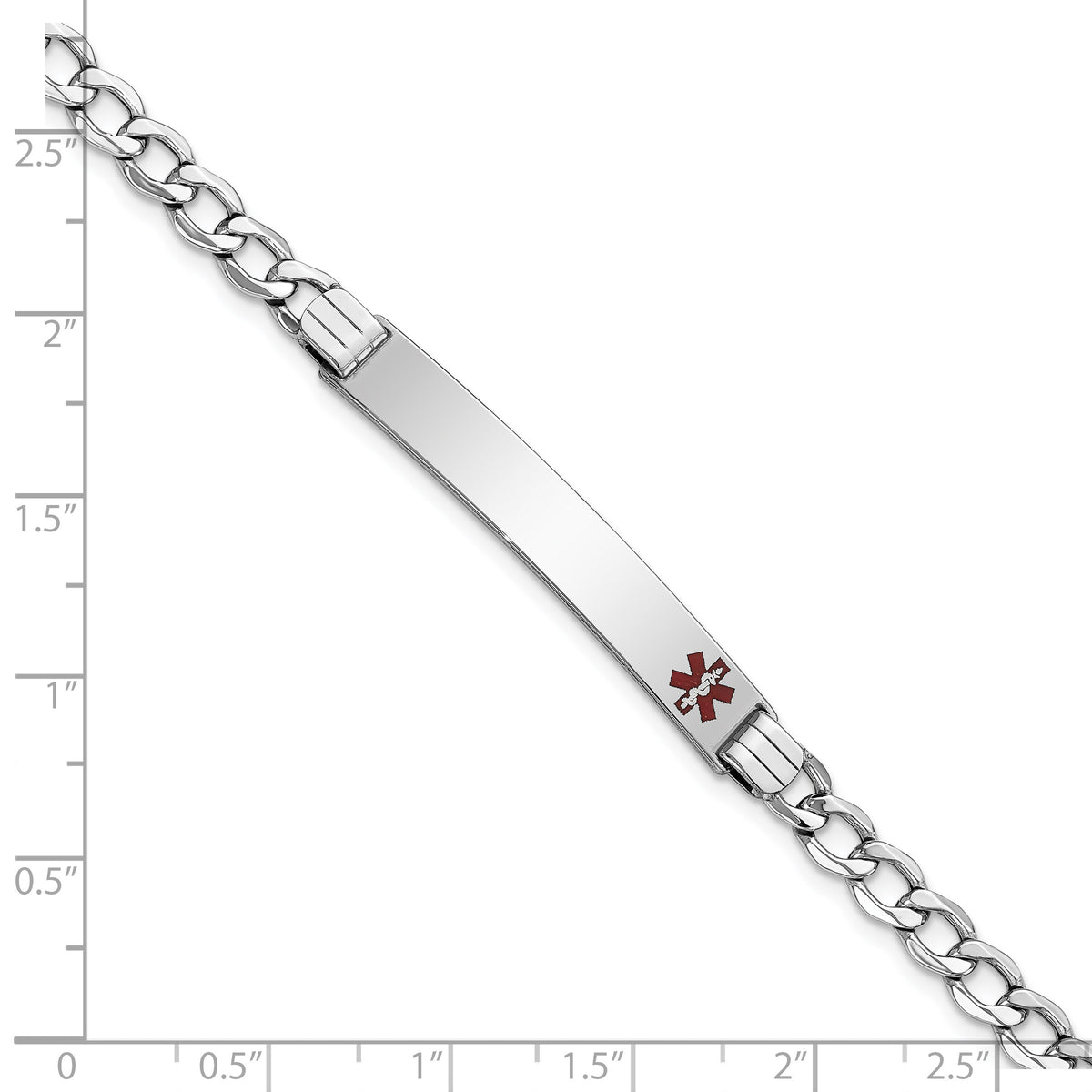 14K White Gold Medical Semi-solid Chain/Solid Plate 37x6mm Off-Center Red Enamel Curb Link 7 inch ID Bracelet