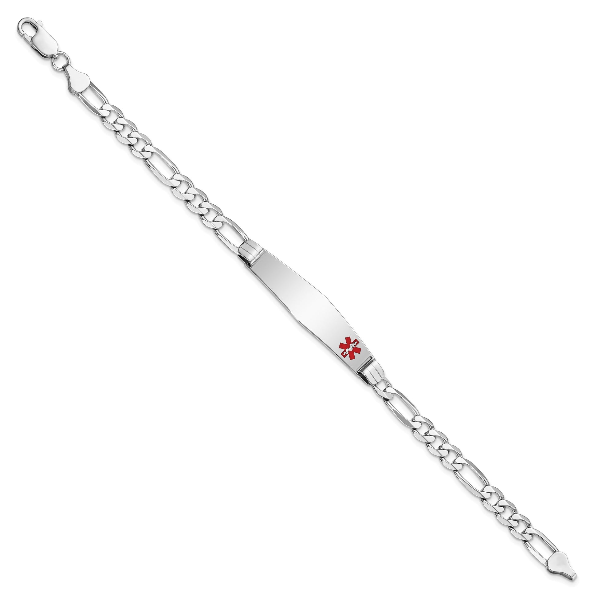 14K White Gold Medical Solid Chain/Solid Plate Soft Diamond Shape 38x9mm Off-Center Red Enamel Figaro Link 8 inch ID Bracelet