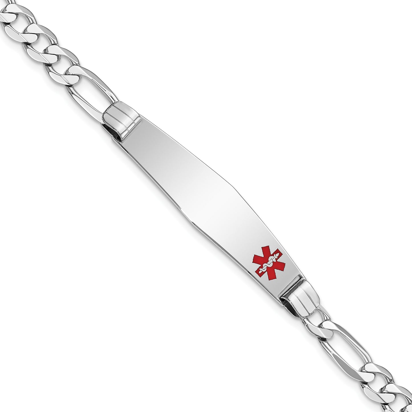 14K White Gold Medical Solid Chain/Solid Plate Soft Diamond Shape 38x9mm Off-Center Red Enamel Figaro Link 8 inch ID Bracelet