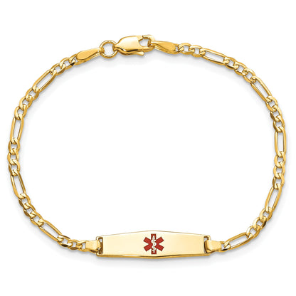 14k Medical Solid Chain/Solid Plate 20x5mm Soft Diamond Shape Centered Red Enamel Figaro Link 6 inch Baby/Child ID Bracelet