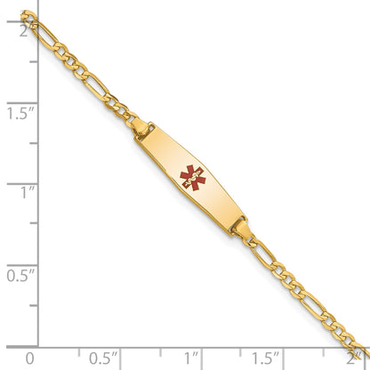 14k Medical Solid Chain/Solid Plate 20x5mm Soft Diamond Shape Centered Red Enamel Figaro Link 7 inch ID Bracelet