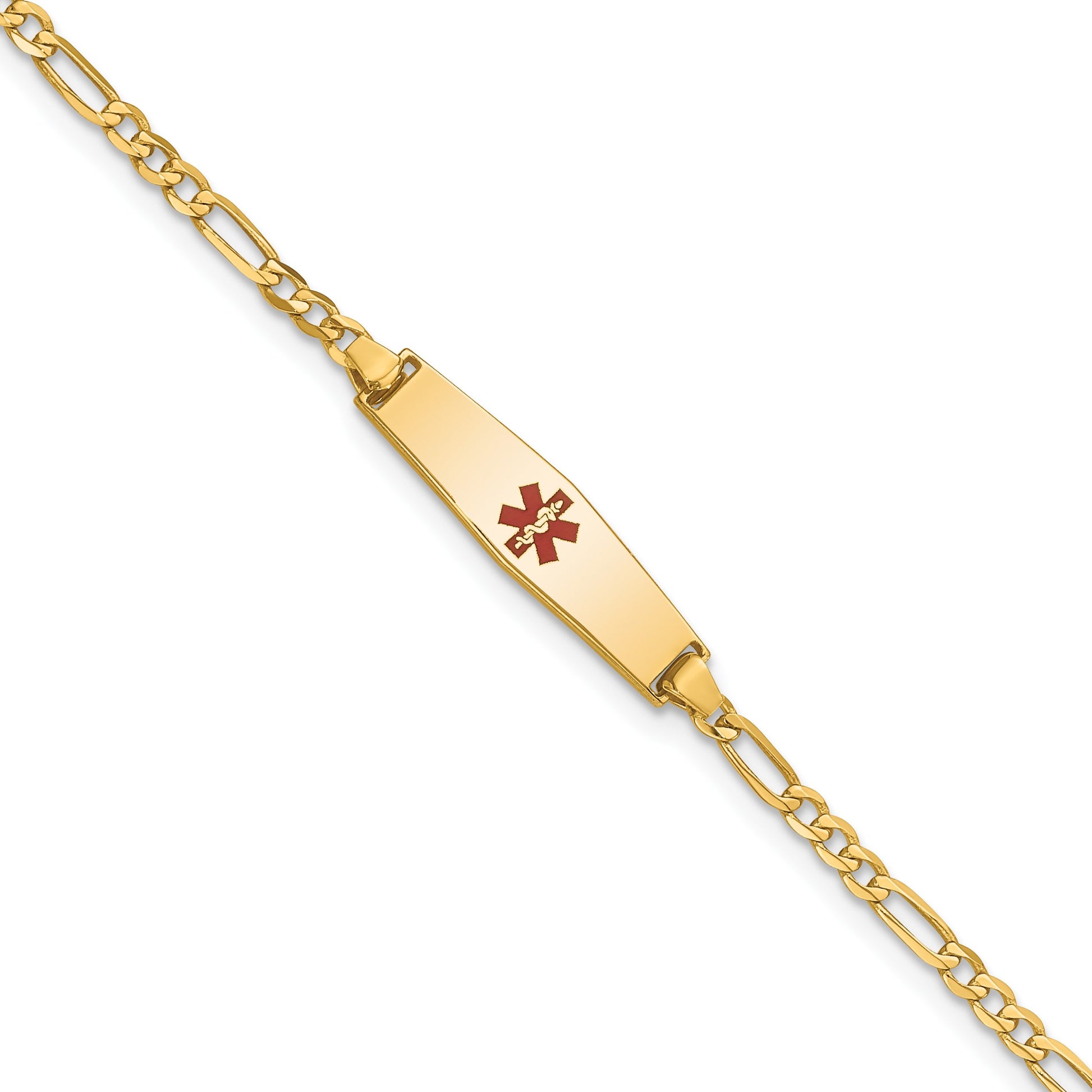 14k Medical Solid Chain/Solid Plate 20x5mm Soft Diamond Shape Centered Red Enamel Figaro Link 7 inch ID Bracelet