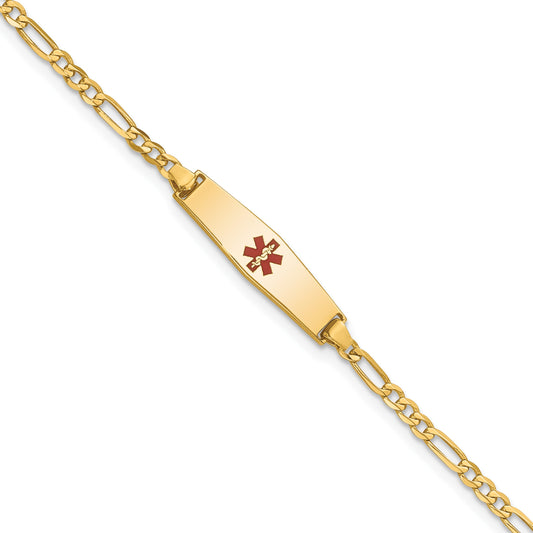 14k Medical Solid Chain/Solid Plate 20x5mm Soft Diamond Shape Centered Red Enamel Figaro Link 7 inch ID Bracelet
