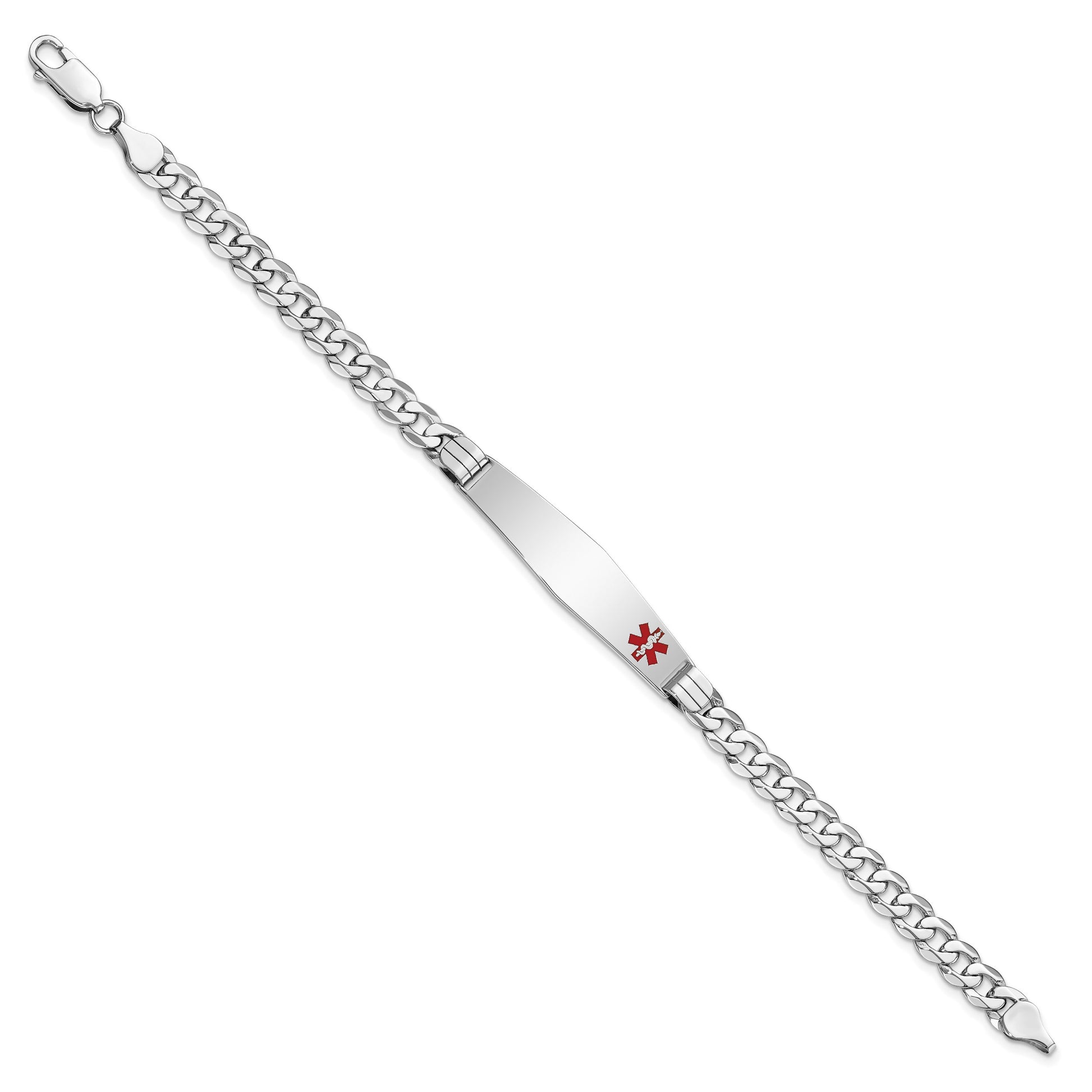 14K White Gold Medical Solid Chain/Solid Plate Soft Diamond Shape 38x9mm Off-Center Red Enamel Flat Curb Link 8 inch ID Bracelet