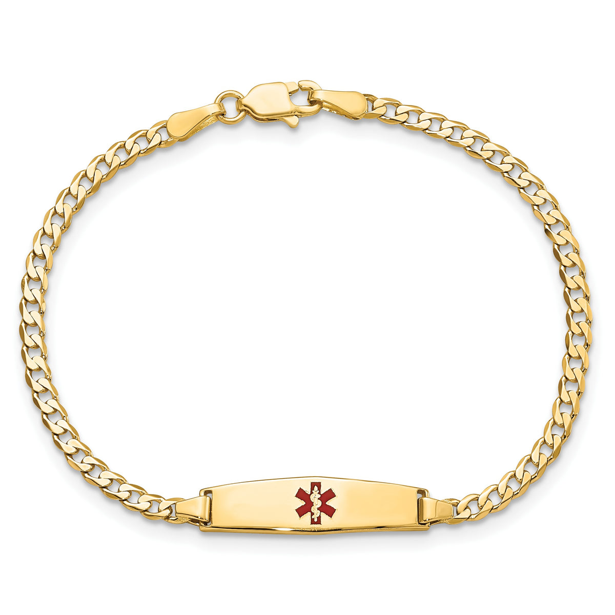 14k Medical Solid Chain/Solid Plate 20x5mm Soft Diamond Shape Centered Red Enamel Curb Link 6 inch Baby/Child ID Bracelet