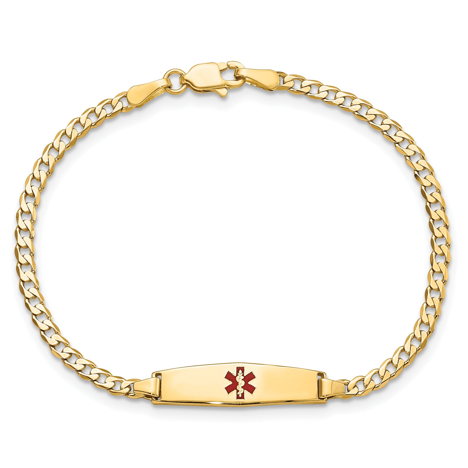 14k Medical Solid Chain/Solid Plate 20x5mm Soft Diamond Shape Centered Red Enamel Curb Link 8 inch ID Bracelet