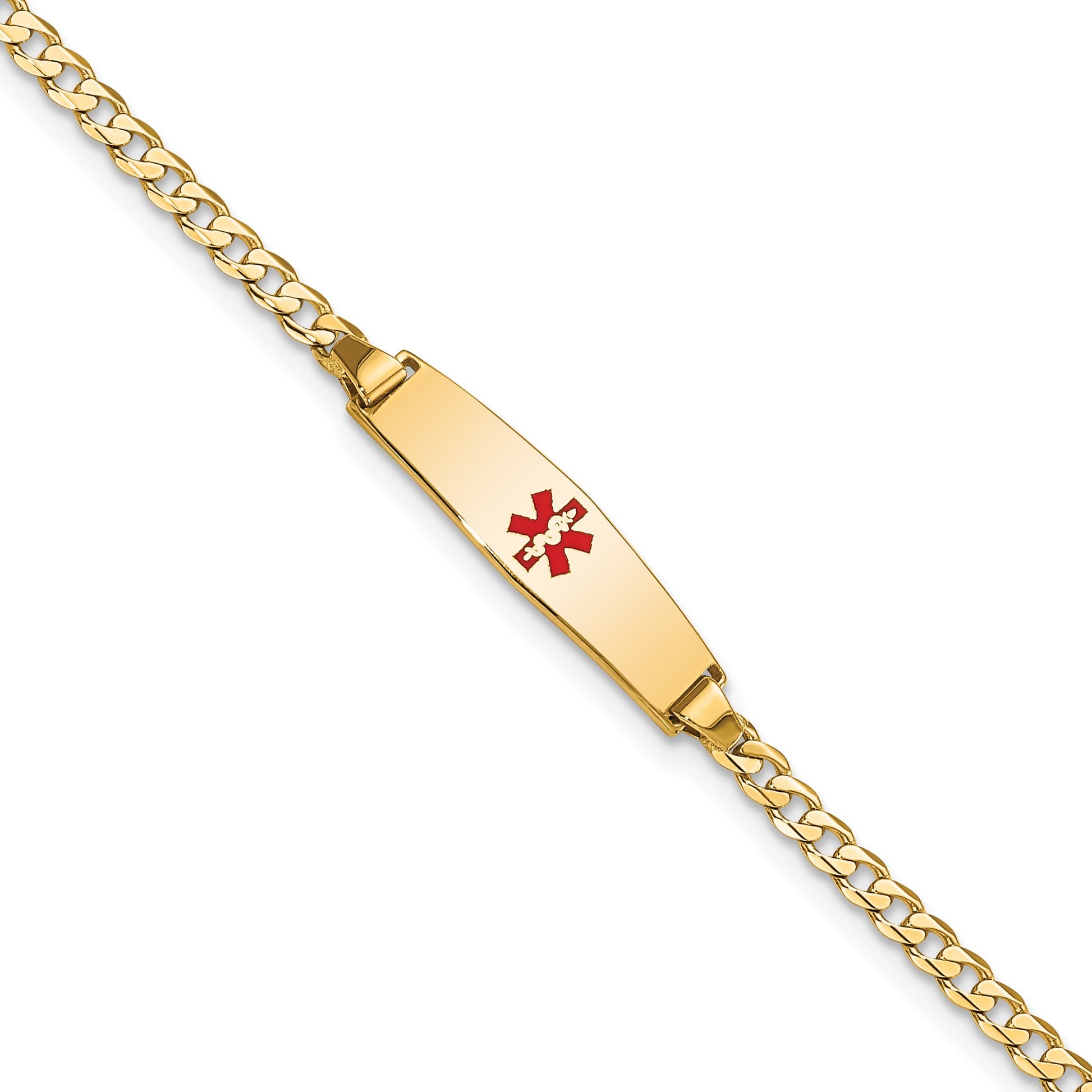 14k Medical Solid Chain/Solid Plate 20x5mm Soft Diamond Shape Centered Red Enamel Curb Link 8 inch ID Bracelet