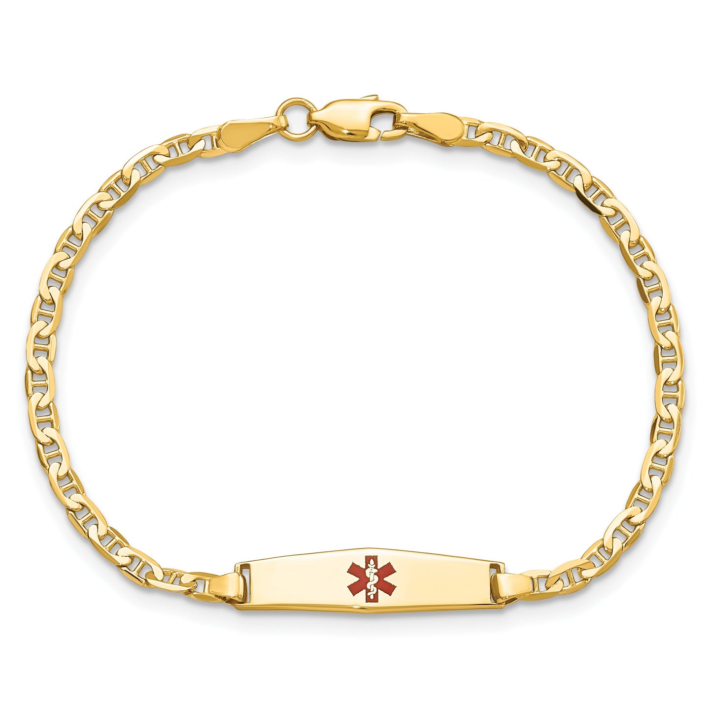 14k Medical Solid Chain/Solid Plate 20x5mm Soft Diamond Shape Centered Red Enamel Flat Anchor Link 7 inch ID Bracelet