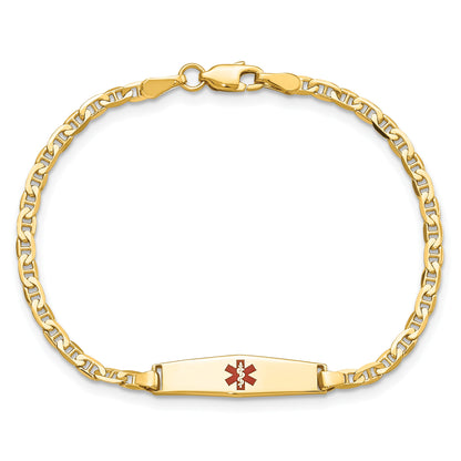 14k Medical Solid Chain/Solid Plate 20x5mm Soft Diamond Shape Centered Red Enamel Flat Anchor Link 7 inch ID Bracelet