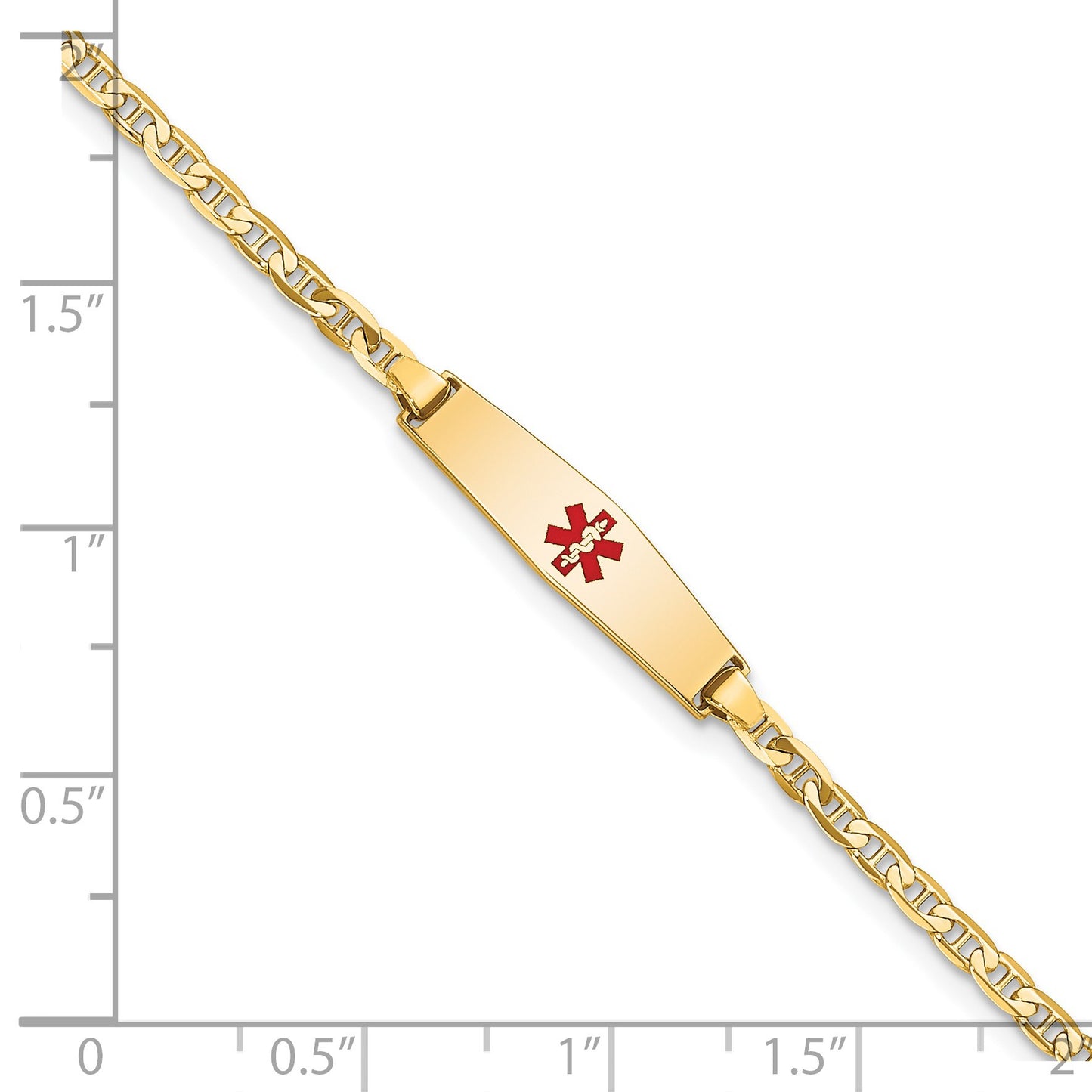 14k Medical Solid Chain/Solid Plate 20x5mm Soft Diamond Shape Centered Red Enamel Flat Anchor Link 7 inch ID Bracelet