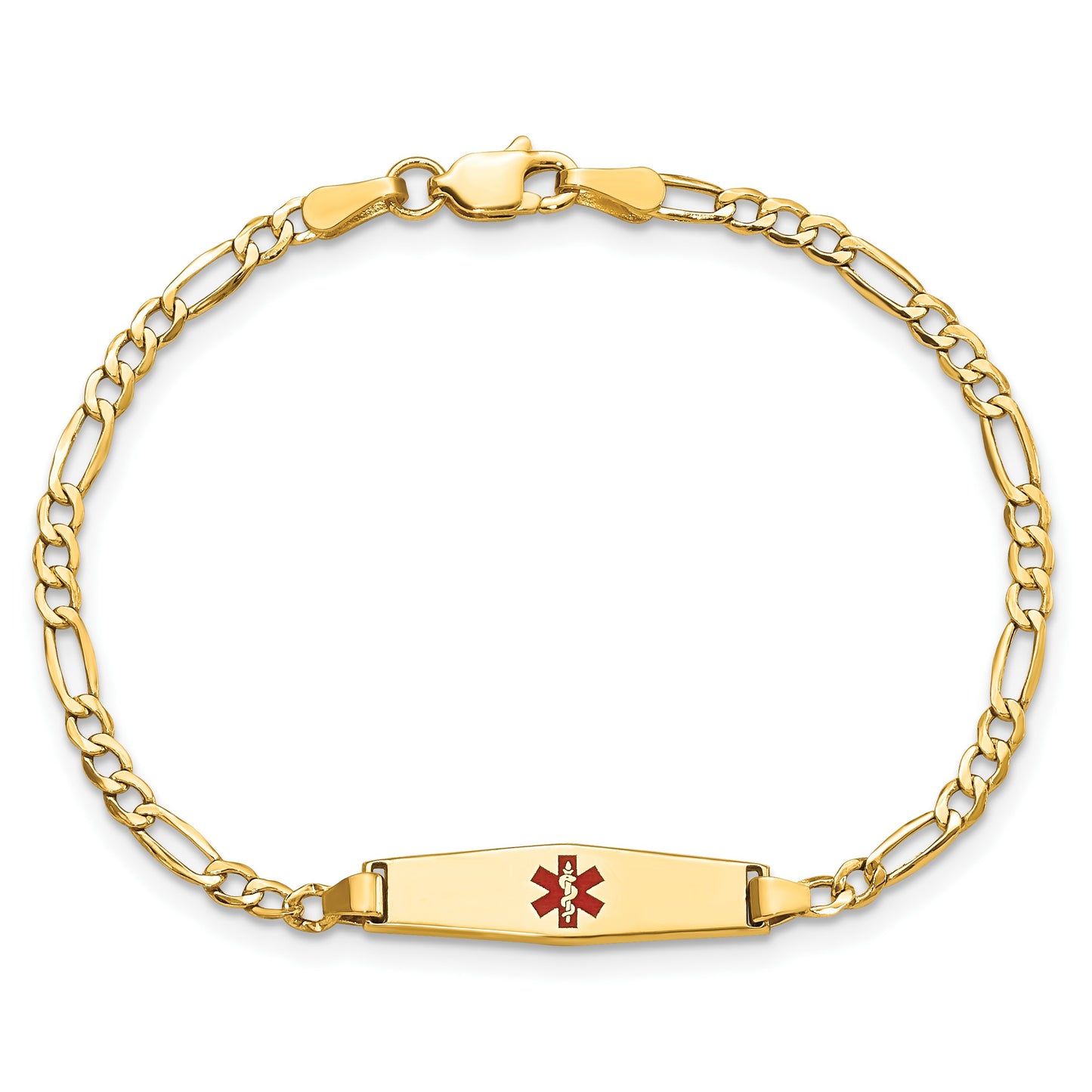 14k Medical Semi-Solid Chain/Solid Plate 20x5mm Soft Diamond Shape Centered Red Enamel Figaro Link 7 inch ID Bracelet