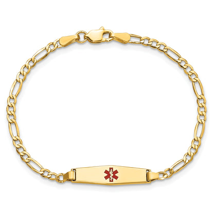 14k Medical Semi-Solid Chain/Solid Plate 20x5mm Soft Diamond Shape Centered Red Enamel Figaro Link 7 inch ID Bracelet