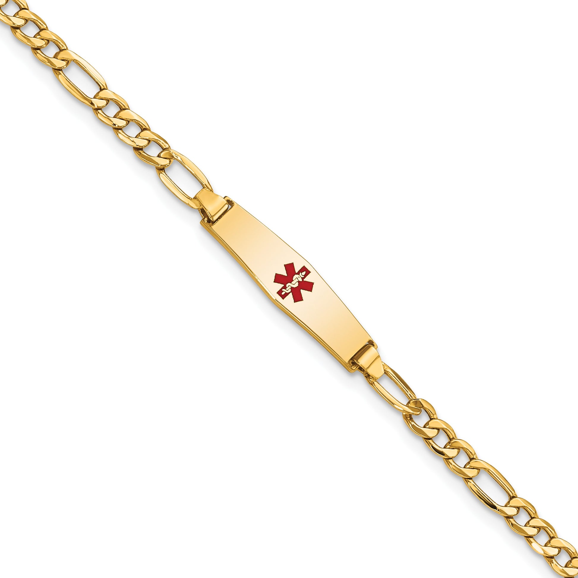 14k Medical Semi-Solid Chain/Solid Plate 20x5mm Soft Diamond Shape Centered Red Enamel Figaro Link 6 inch Baby/Child ID Bracelet