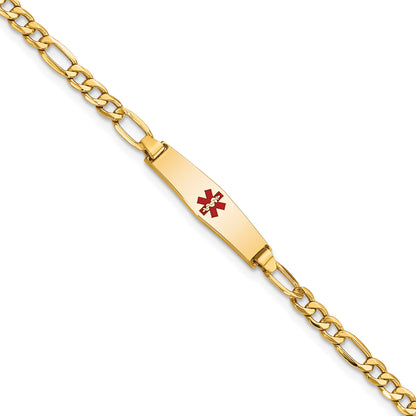 14k Medical Semi-Solid Chain/Solid Plate 20x5mm Soft Diamond Shape Centered Red Enamel Figaro Link 6 inch Baby/Child ID Bracelet