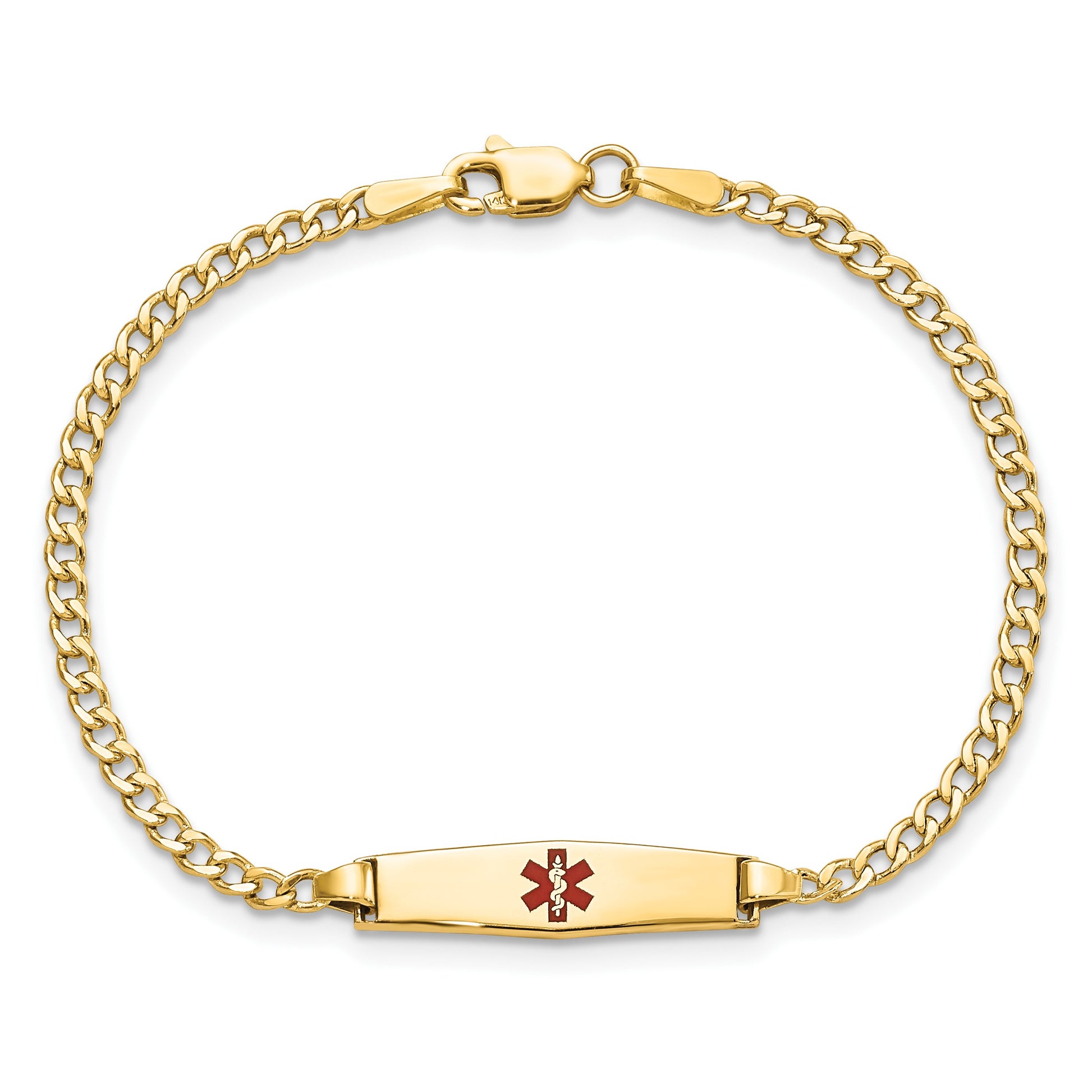 14k Medical Semi-Solid Chain/Solid Plate 20x5mm Soft Diamond Shape Centered Red Enamel Cuban Link 7 inch ID Bracelet