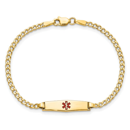 14k Medical Semi-Solid Chain/Solid Plate 20x5mm Soft Diamond Shape Centered Red Enamel Cuban Link 7 inch ID Bracelet