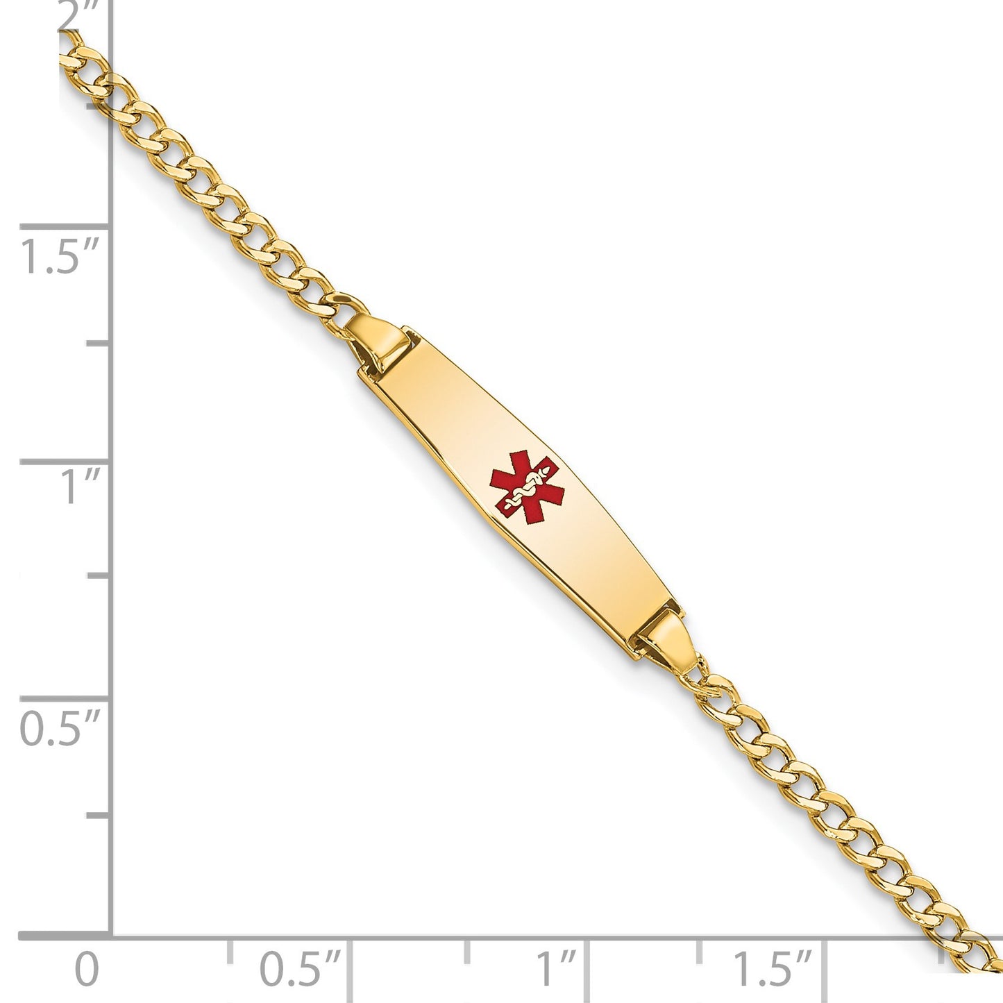 14k Medical Semi-Solid Chain/Solid Plate 20x5mm Soft Diamond Shape Centered Red Enamel Cuban Link 7 inch ID Bracelet
