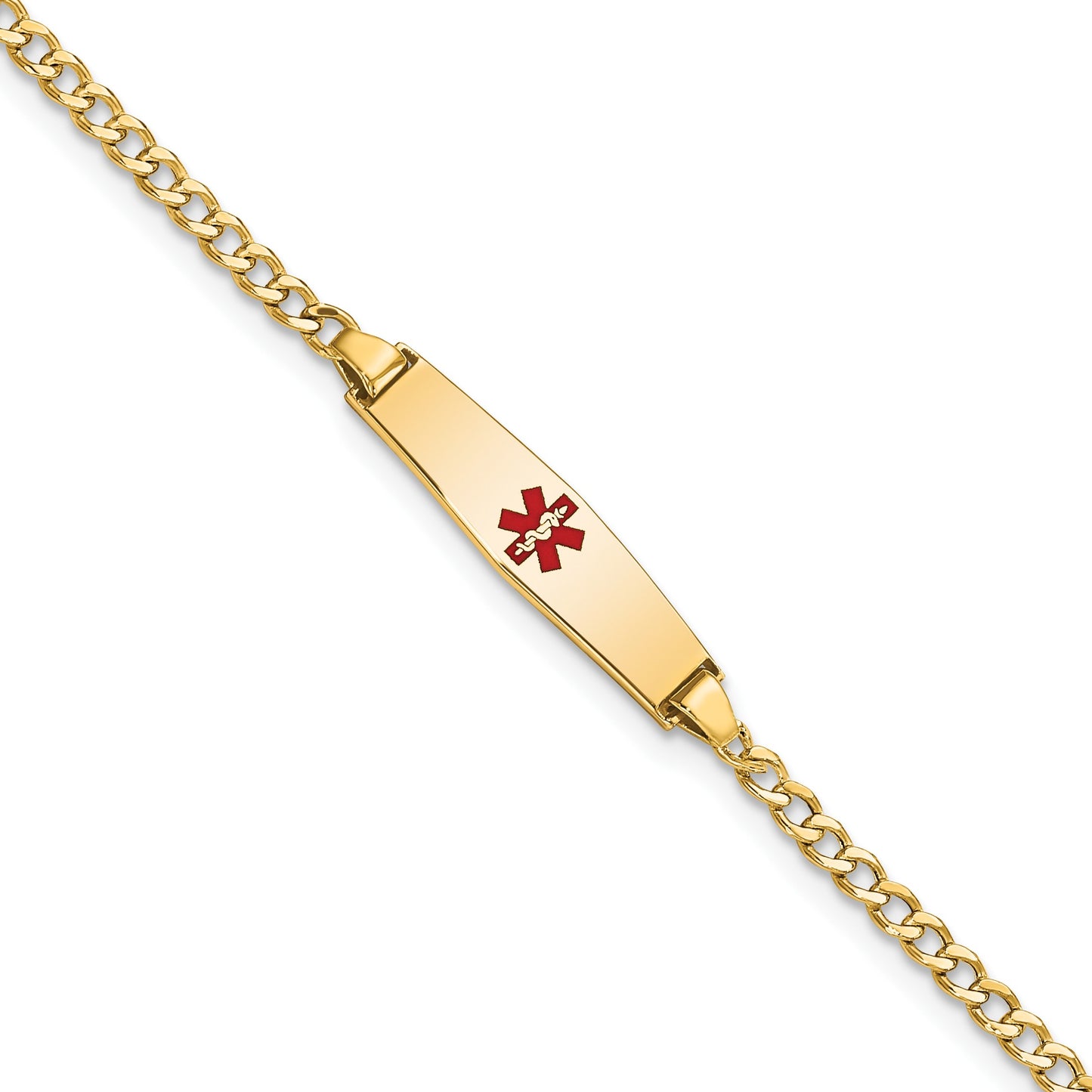 14k Medical Semi-Solid Chain/Solid Plate 20x5mm Soft Diamond Shape Centered Red Enamel Cuban Link 7 inch ID Bracelet