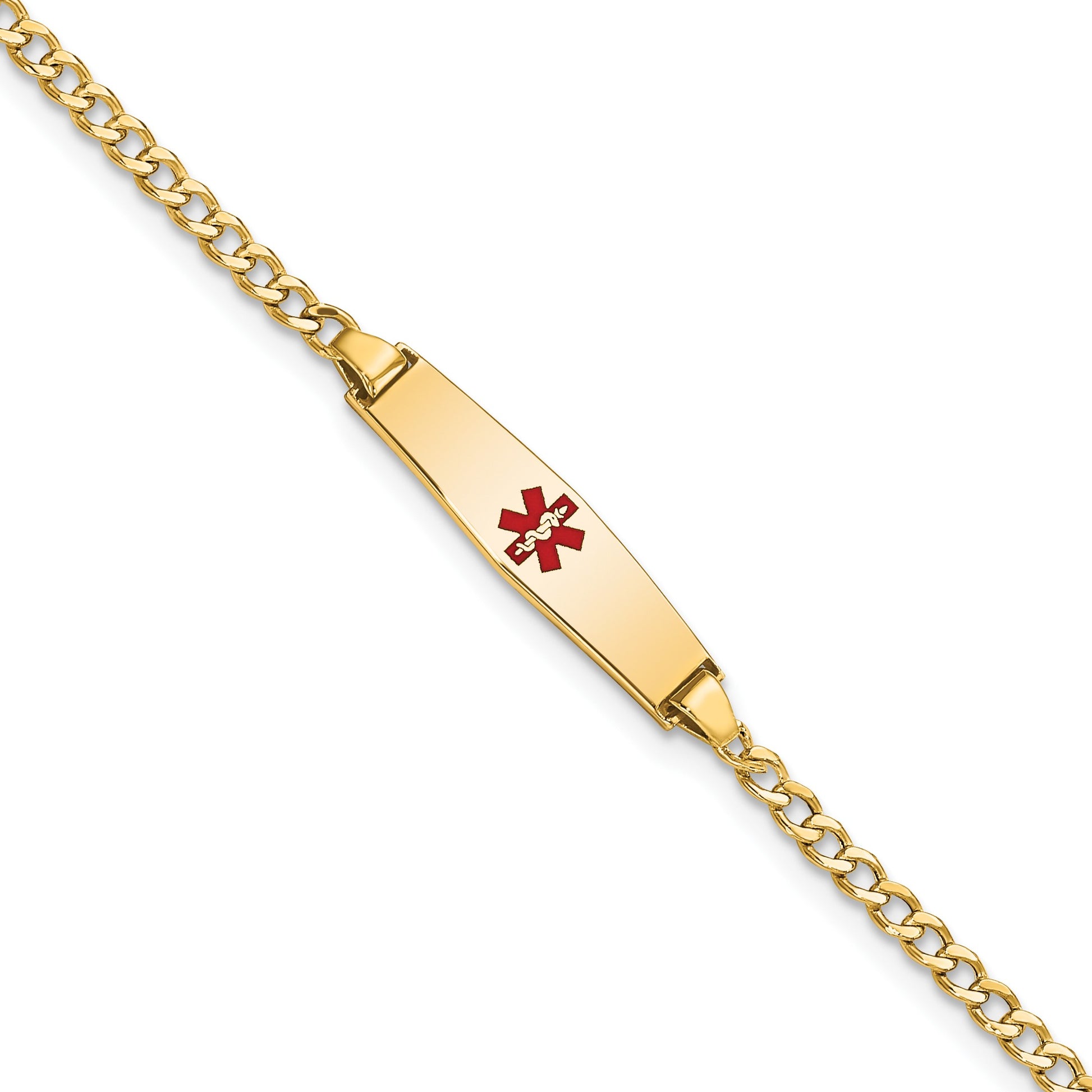 14k Medical Semi-Solid Chain/Solid Plate 20x5mm Soft Diamond Shape Centered Red Enamel Cuban Link 7 inch ID Bracelet