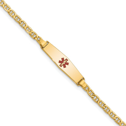 14k Medical Semi-Solid Chain/Solid Plate 20x5mm Soft Diamond Shape Centered Red Enamel Anchor Link 6 inch Baby/Child ID Bracelet