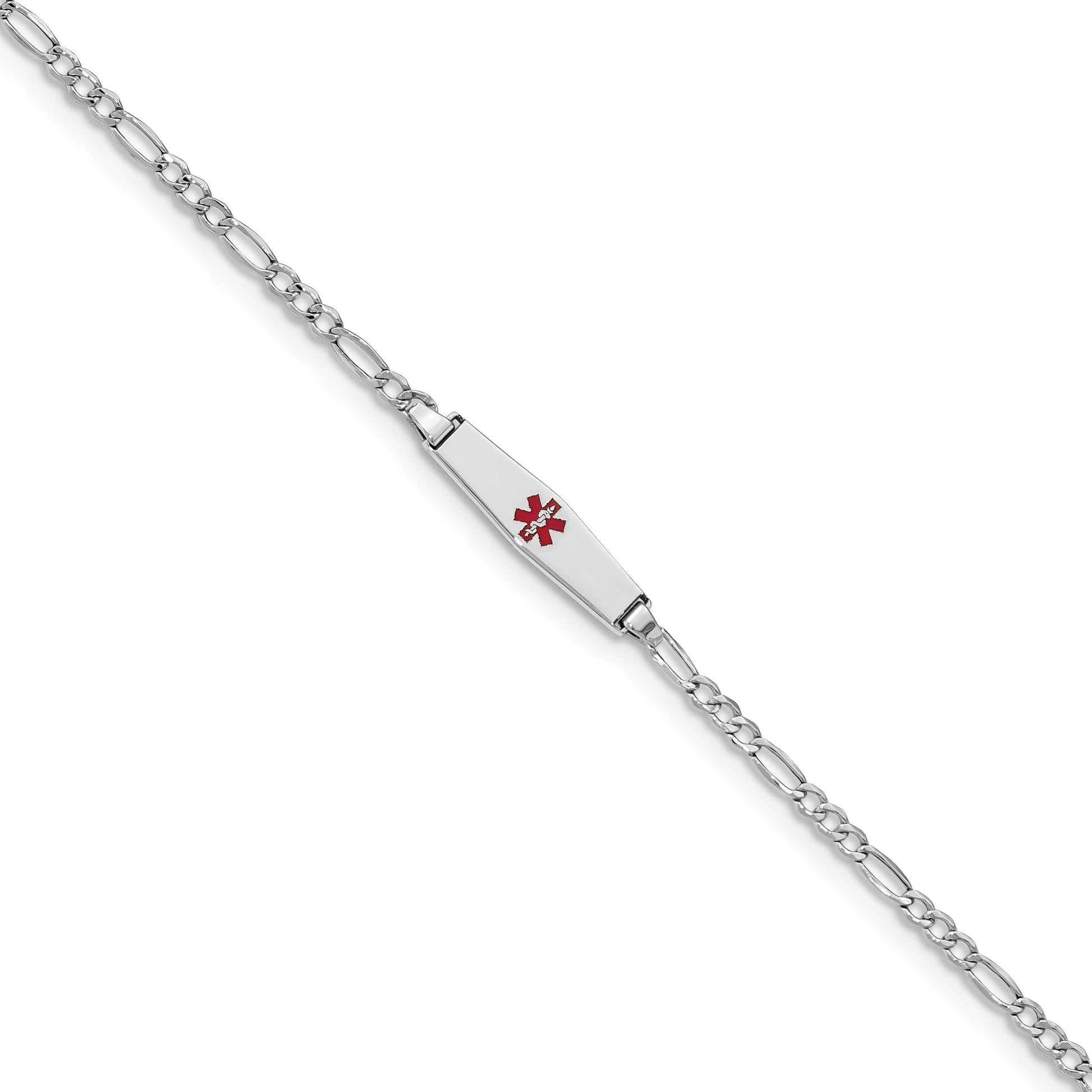 14k White Gold Medical Semi-Solid Chain/Solid Plate 20x5mm Soft Diamond Shape Centered Red Enamel Figaro Link 7 inch ID Bracelet