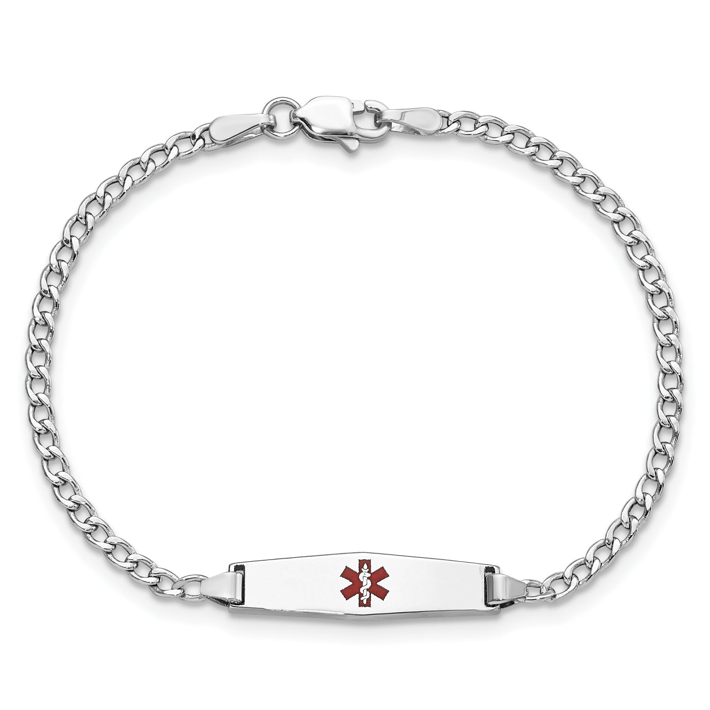14k White Gold Medical Semi-Solid Chain/Solid Plate 20x5mm Soft Diamond Shape Centered Red Enamel Cuban Link 7 inch ID Bracelet