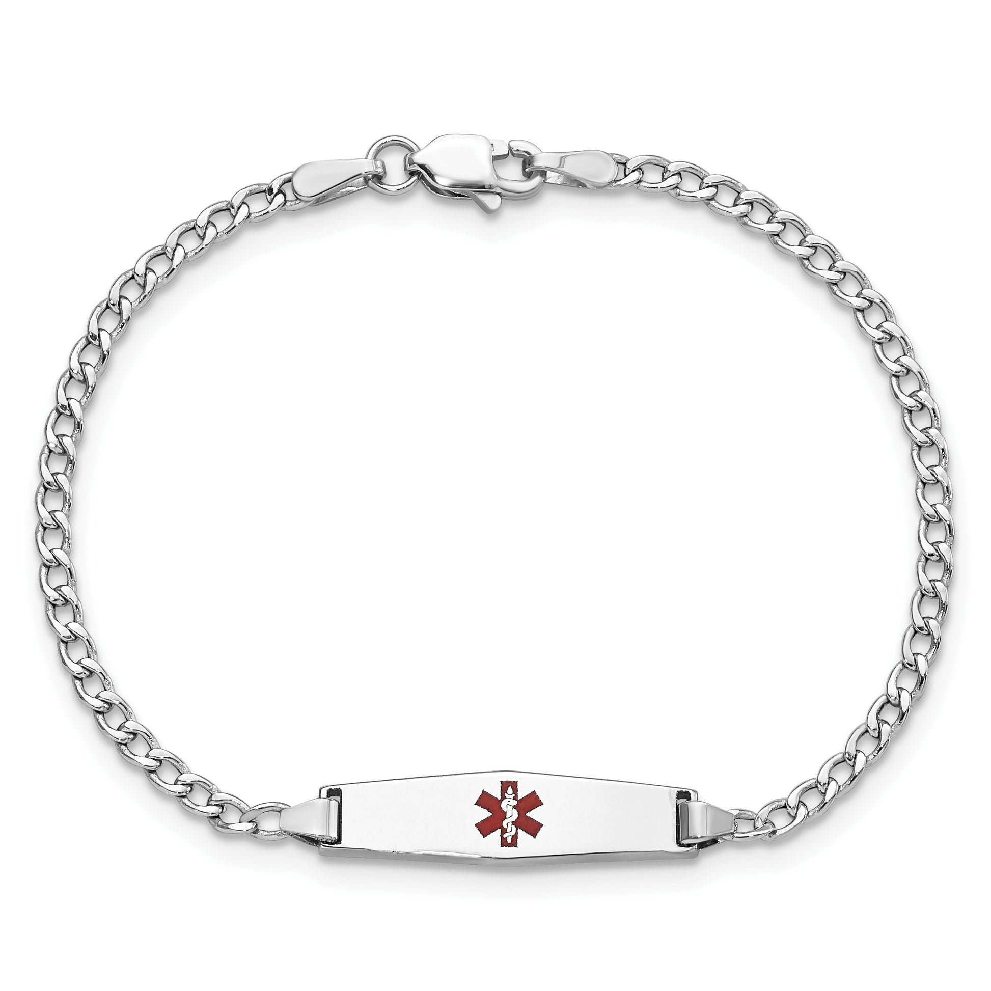 14k White Gold Medical Semi-Solid Chain/Solid Plate 20x5mm Soft Diamond Shape Centered Red Enamel Cuban Link 7 inch ID Bracelet
