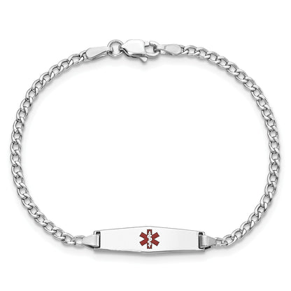 14k White Gold Medical Semi-Solid Chain/Solid Plate 20x5mm Soft Diamond Shape Centered Red Enamel Cuban Link 7 inch ID Bracelet
