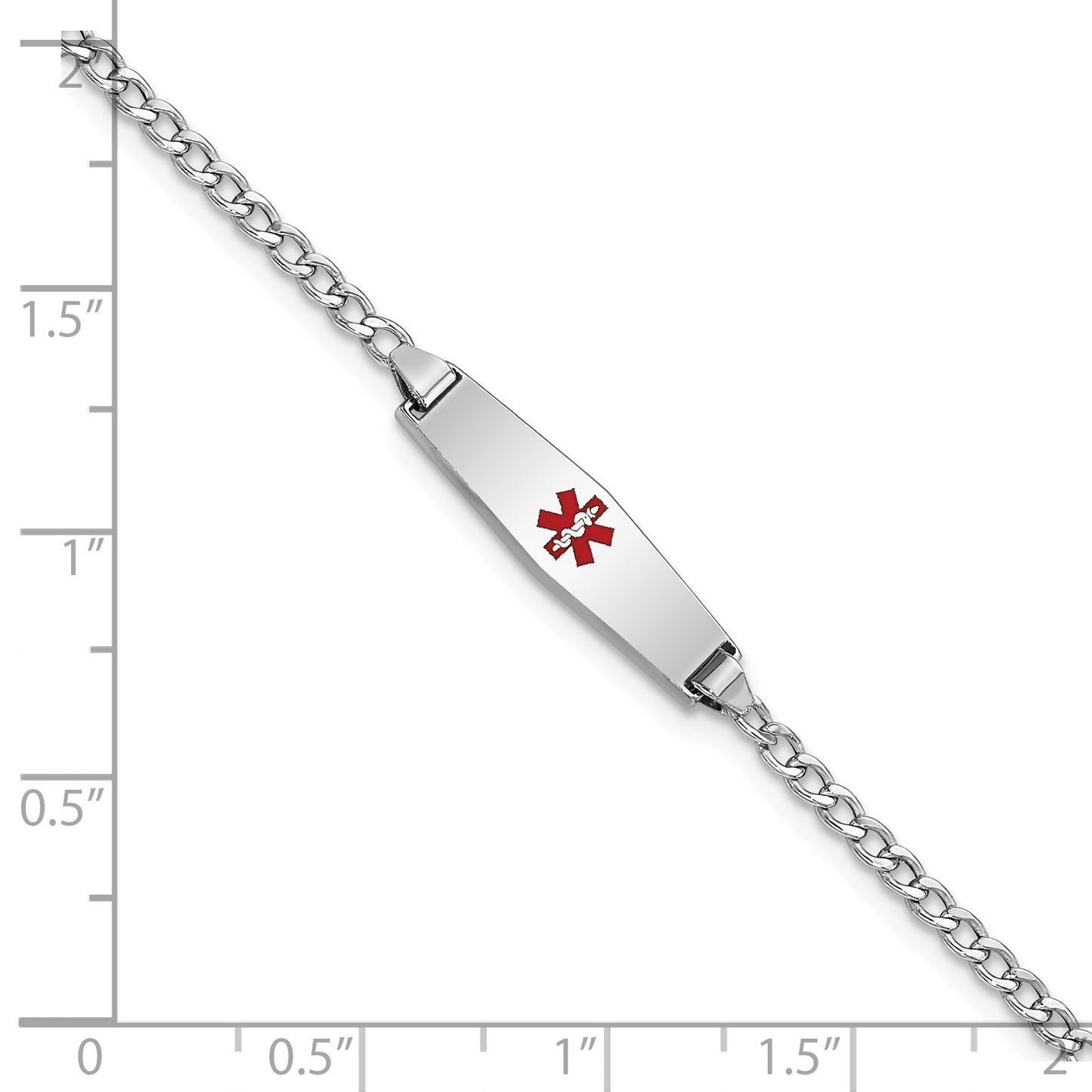 14k White Gold Medical Semi-Solid Chain/Solid Plate 20x5mm Soft Diamond Shape Centered Red Enamel Cuban Link 7 inch ID Bracelet