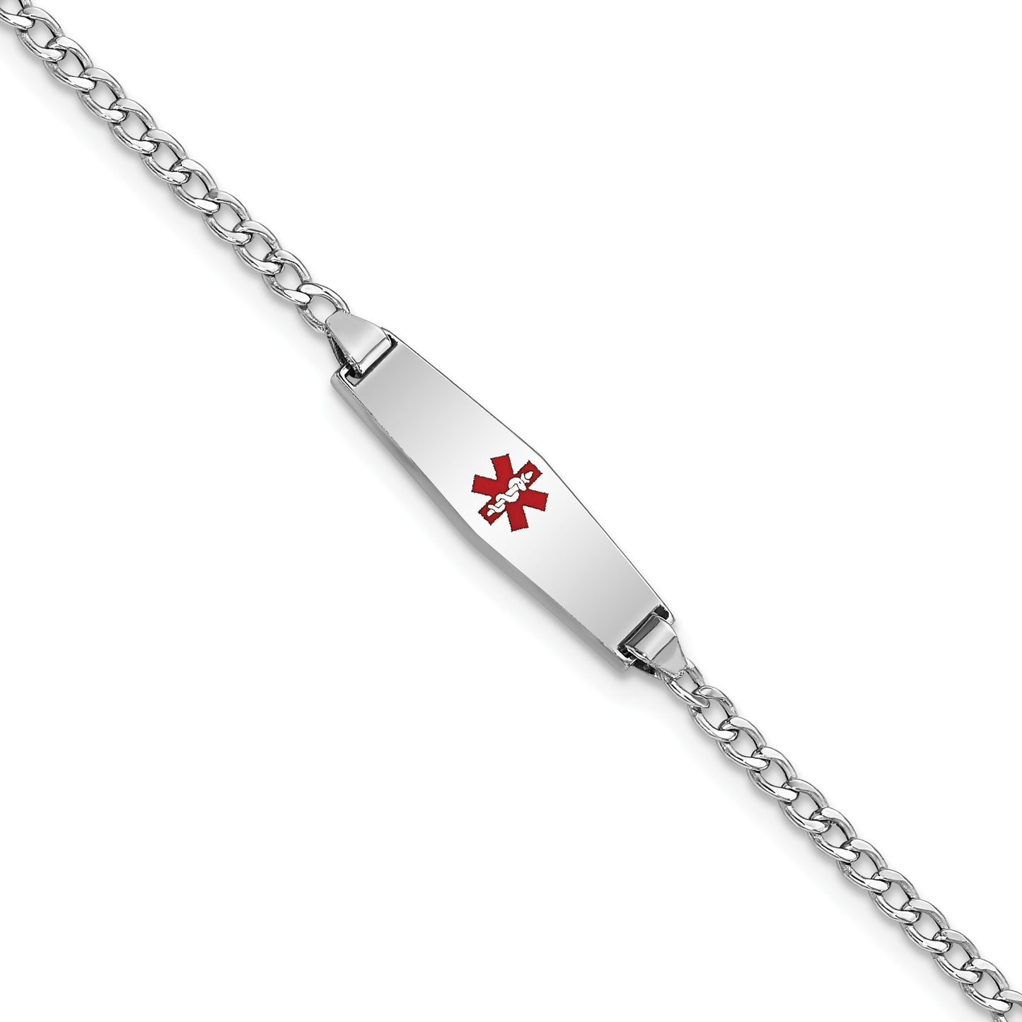 14k White Gold Medical Semi-Solid Chain/Solid Plate 20x5mm Soft Diamond Shape Centered Red Enamel Cuban Link 7 inch ID Bracelet