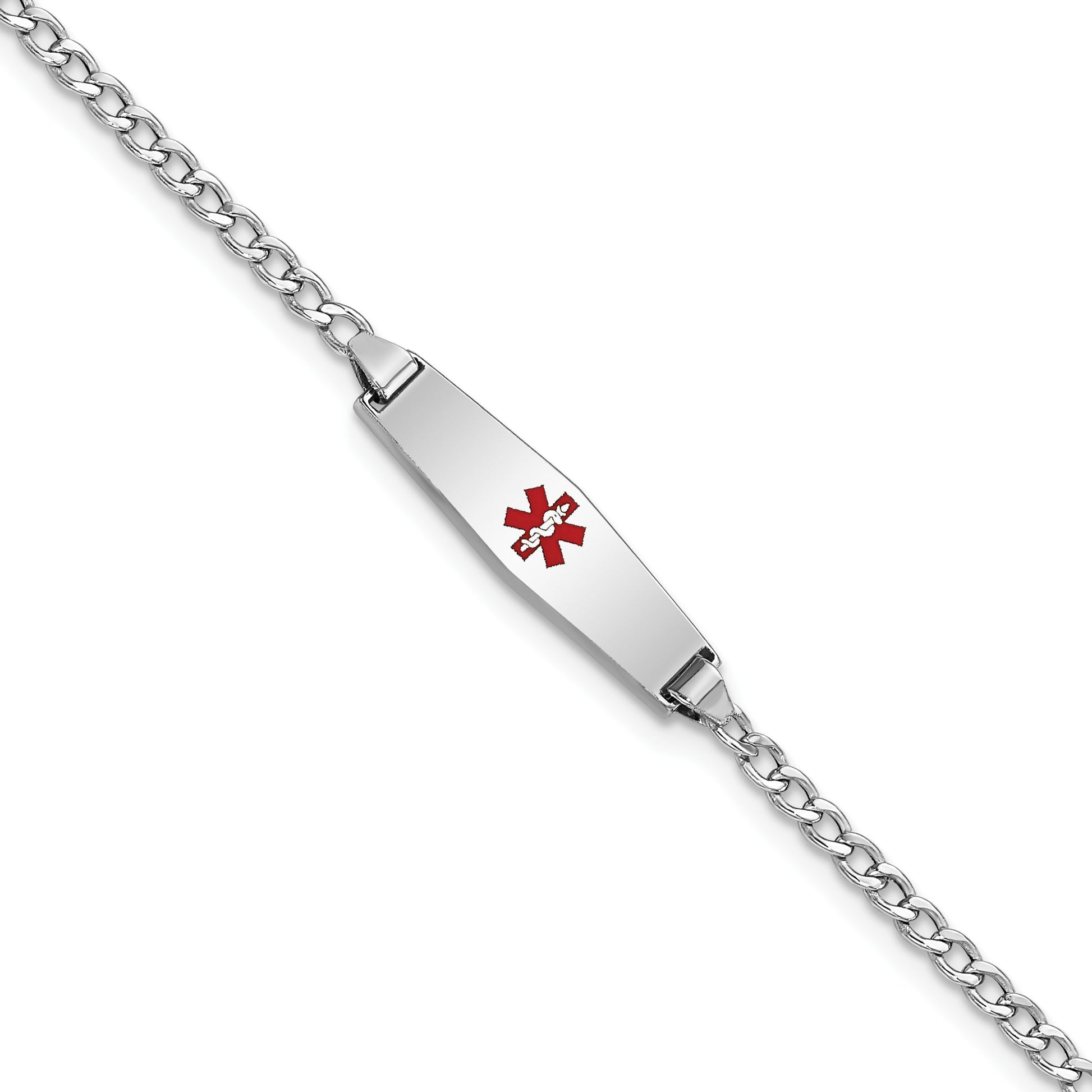 14k White Gold Medical Semi-Solid Chain/Solid Plate 20x5mm Soft Diamond Shape Centered Red Enamel Cuban Link 7 inch ID Bracelet