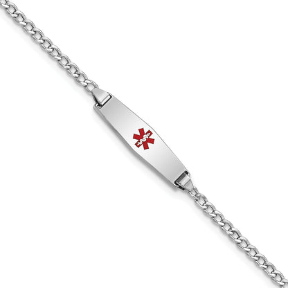 14k White Gold Medical Semi-Solid Chain/Solid Plate 20x5mm Soft Diamond Shape Centered Red Enamel Cuban Link 7 inch ID Bracelet