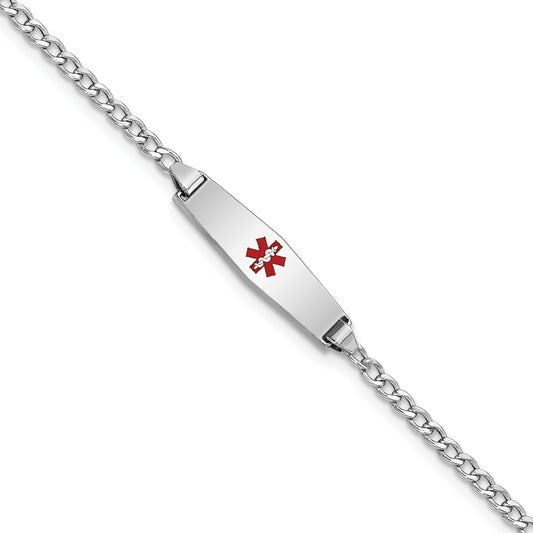 14k White Gold Medical Semi-Solid Chain/Solid Plate 20x5mm Soft Diamond Shape Centered Red Enamel Cuban Link 7 inch ID Bracelet