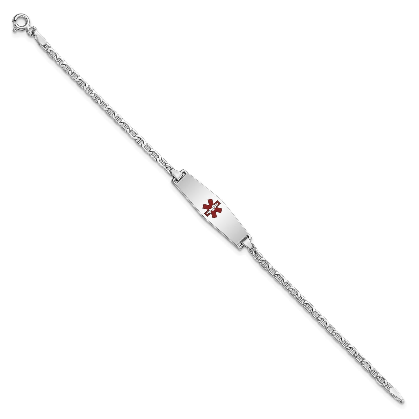 14k White Gold Medical Semi-Solid Chain/Solid Plate 25x7mm Soft Diamond Shape Centered Red Enamel Anchor Link 7 inch ID Bracelet
