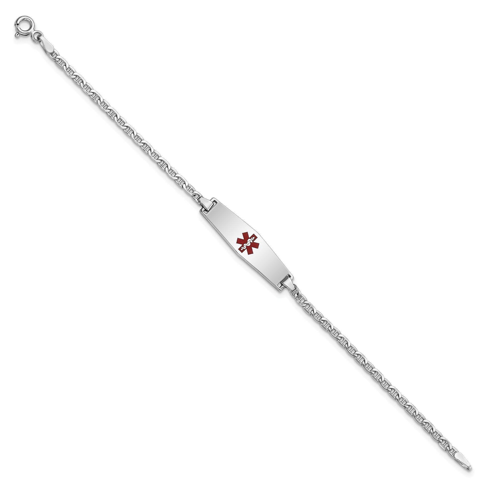 14k White Gold Medical Semi-Solid Chain/Solid Plate 25x7mm Soft Diamond Shape Centered Red Enamel Anchor Link 7 inch ID Bracelet