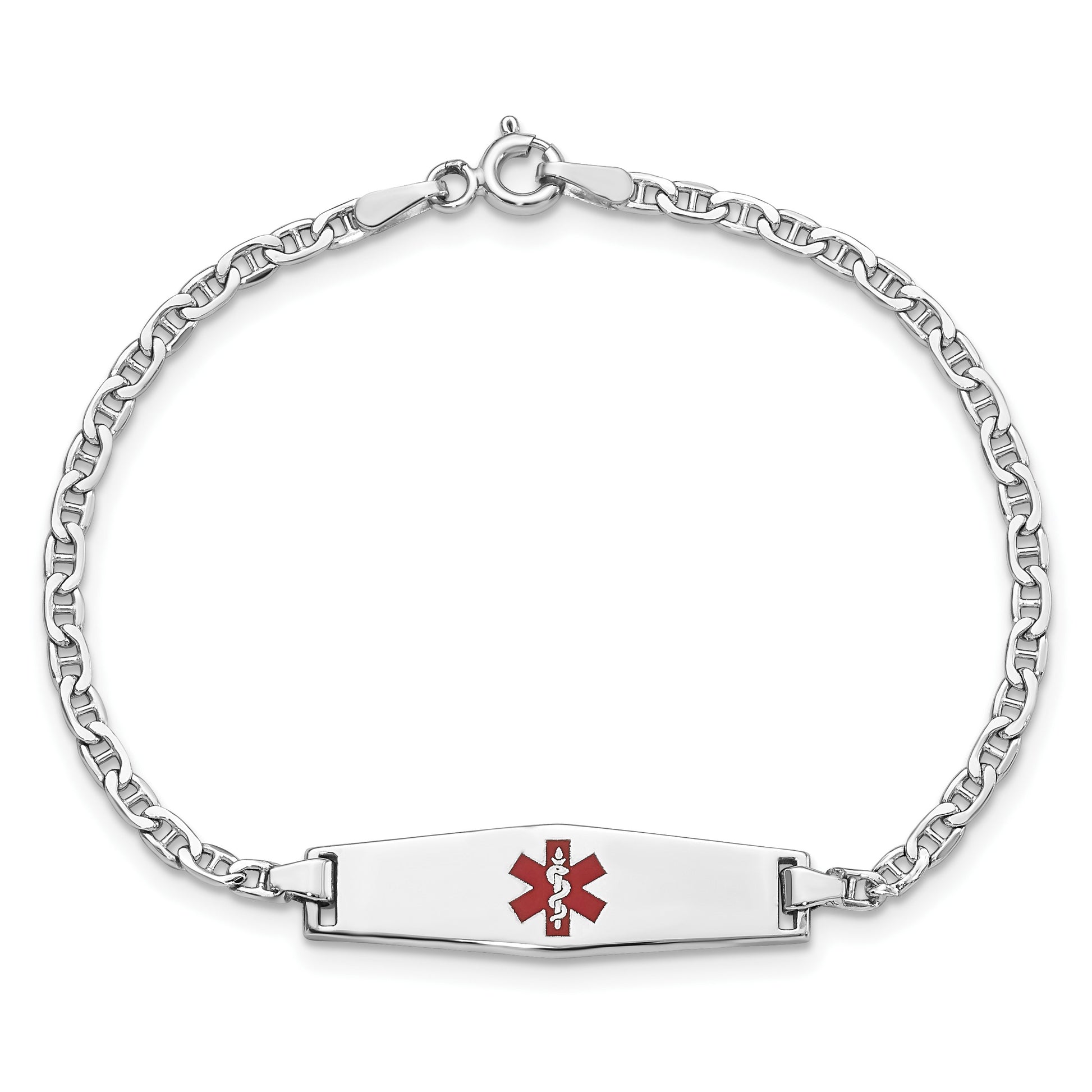14k White Gold Medical Semi-Solid Chain/Solid Plate 25x7mm Soft Diamond Shape Centered Red Enamel Anchor Link 7 inch ID Bracelet