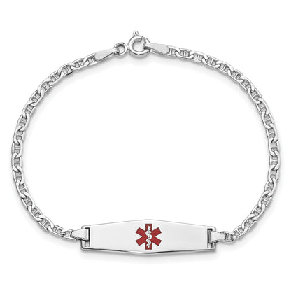 14k White Gold Medical Semi-Solid Chain/Solid Plate 25x7mm Soft Diamond Shape Centered Red Enamel Anchor Link 7 inch ID Bracelet