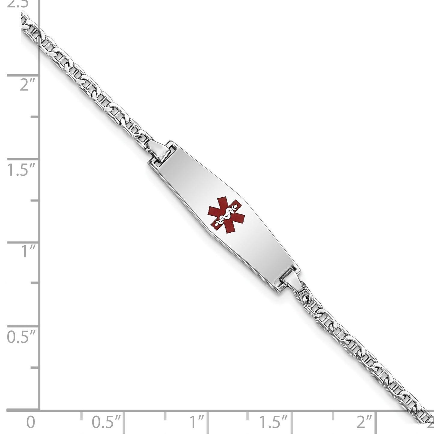 14k White Gold Medical Semi-Solid Chain/Solid Plate 25x7mm Soft Diamond Shape Centered Red Enamel Anchor Link 7 inch ID Bracelet
