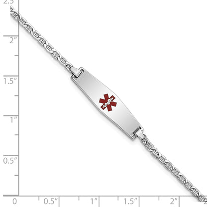 14k White Gold Medical Semi-Solid Chain/Solid Plate 25x7mm Soft Diamond Shape Centered Red Enamel Anchor Link 7 inch ID Bracelet