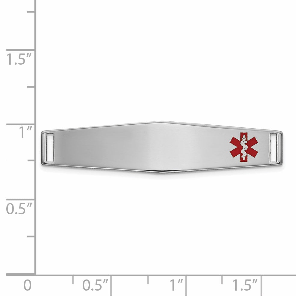 14K White Gold 36x9mm Off-Center Red Epoxy Enameled Soft Diamond Shape Medical ID Plate # 818