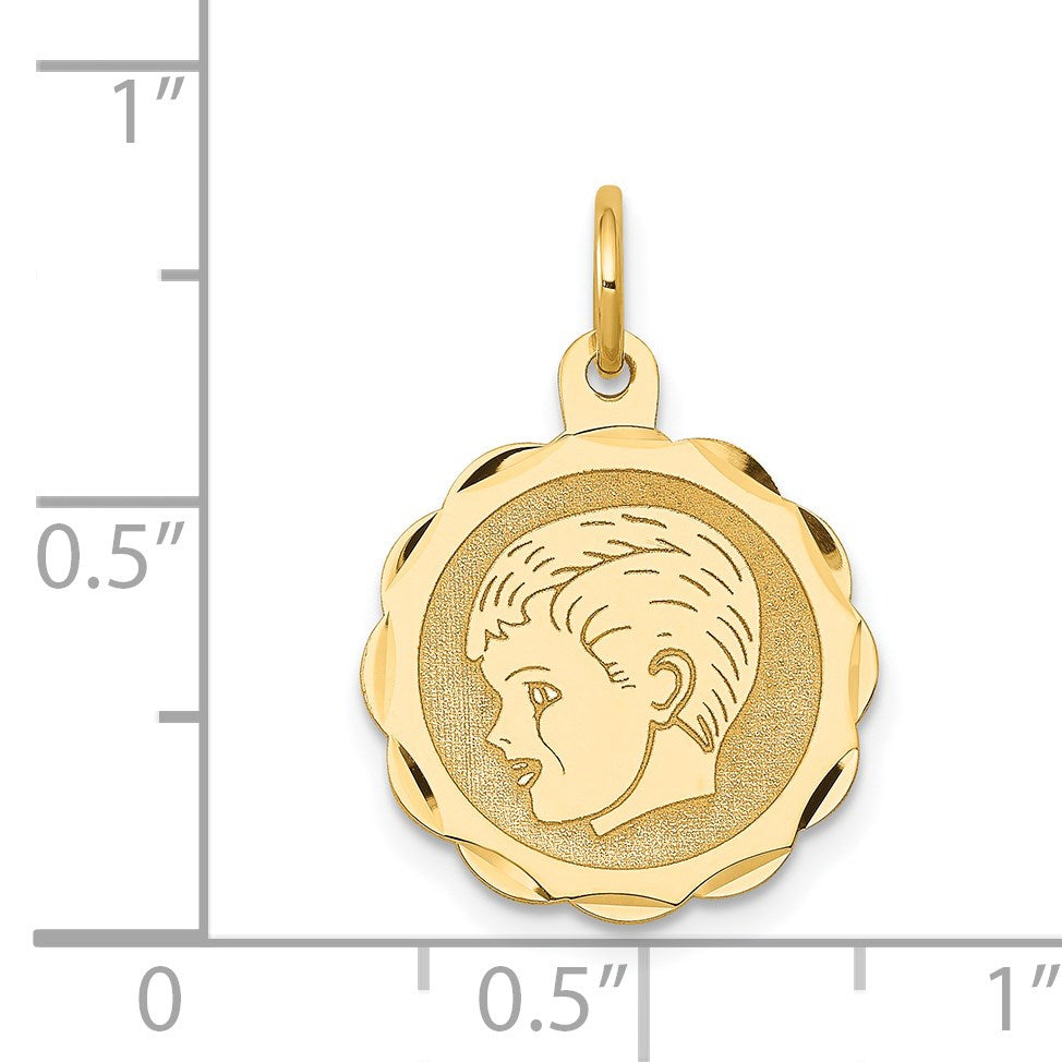 14k Boy Head on .013 Gauge 15mm Engravable Scalloped Disc Charm