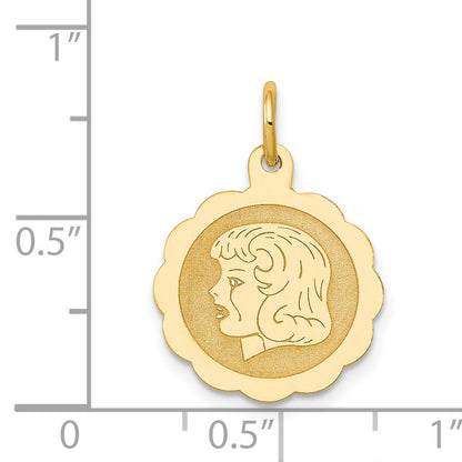 14k Girl Head on .013 Gauge 15mm Engravable Scalloped Disc Charm