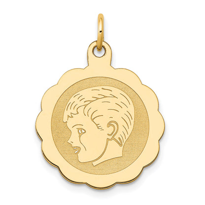 14k Boy Head on .013 Gauge 18mm Engravable Scalloped Disc Charm